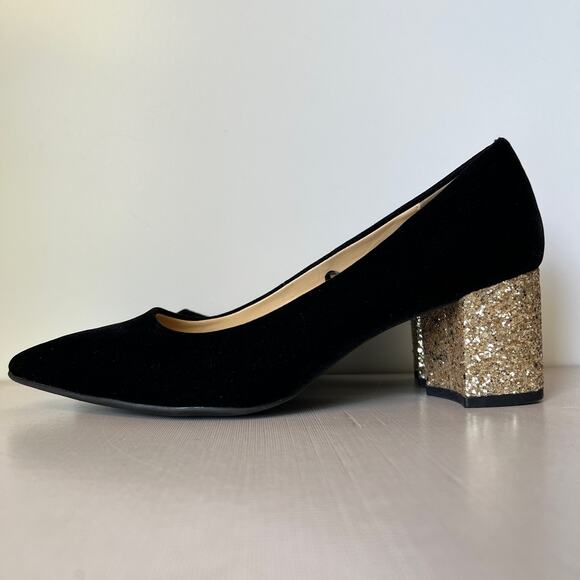 Liz Claiborne Black Velvet Gold Glitter Block Heels Pointed Toe Womens Size 9 - Picture 4 of 7